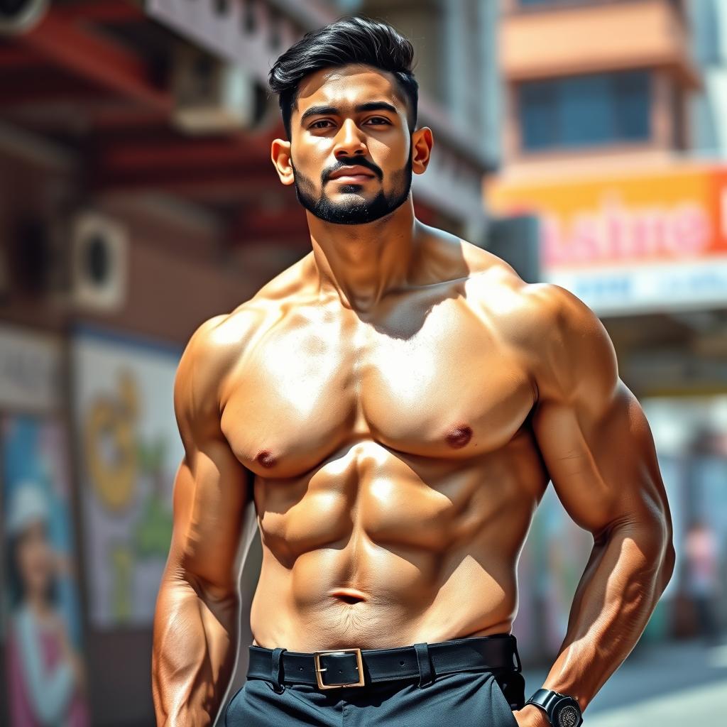 A muscular Bangladeshi man with well-defined abs and a confident pose
