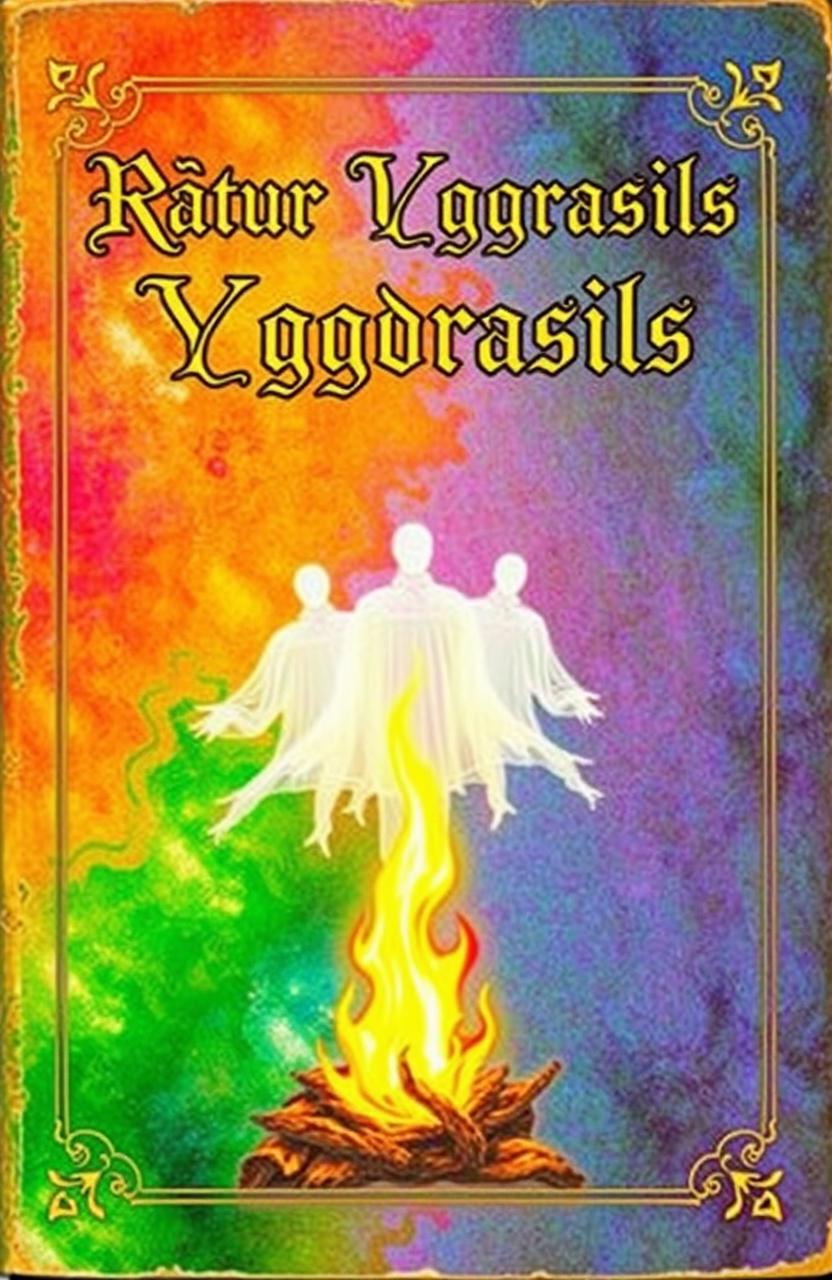 An antique fantasy book cover featuring a vibrant and colorful background