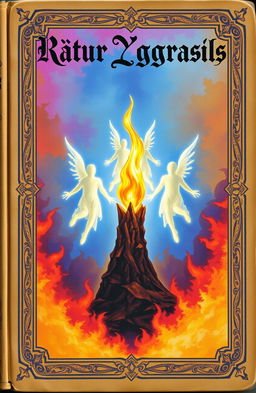 An antique fantasy book cover featuring a vibrant and colorful background