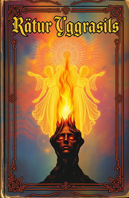 An antique fantasy book cover featuring a vibrant and colorful background
