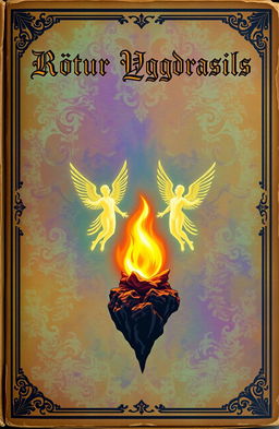 An antique fantasy book cover featuring a vibrant and colorful background
