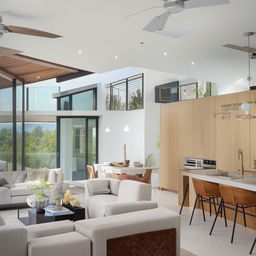 Contemporary open concept living room seamlessly blending into the dining area and kitchen with modern furnishings and decor.