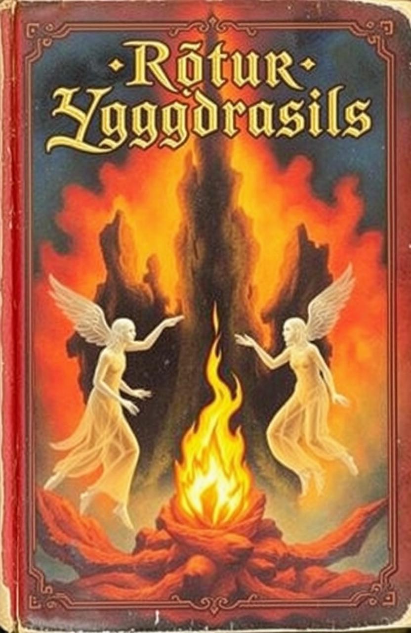 A vintage fantasy book cover adorned with vivid colors, featuring a central flame that radiates warmth and energy
