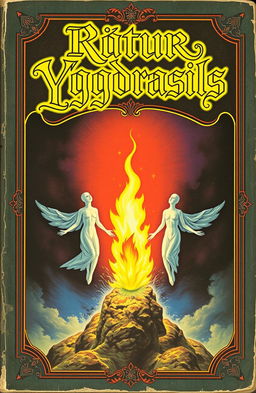 A vintage fantasy book cover adorned with vivid colors, featuring a central flame that radiates warmth and energy