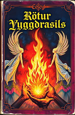 A vintage fantasy book cover adorned with vivid colors, featuring a central flame that radiates warmth and energy
