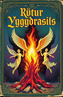 A vintage fantasy book cover adorned with vivid colors, featuring a central flame that radiates warmth and energy