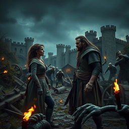 A dramatic scene depicting a couple engaged in a fierce argument amidst a chaotic zombie apocalypse set in a medieval kingdom
