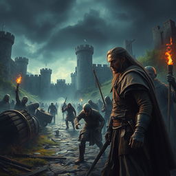 A dramatic scene depicting a couple engaged in a fierce argument amidst a chaotic zombie apocalypse set in a medieval kingdom