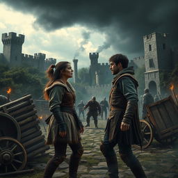 A dramatic scene depicting a couple engaged in a fierce argument amidst a chaotic zombie apocalypse set in a medieval kingdom