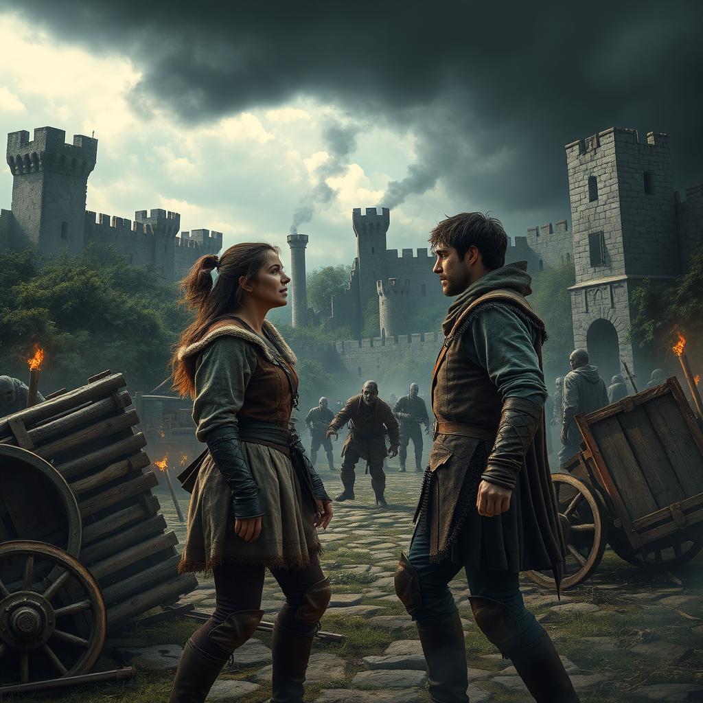 A dramatic scene depicting a couple engaged in a fierce argument amidst a chaotic zombie apocalypse set in a medieval kingdom