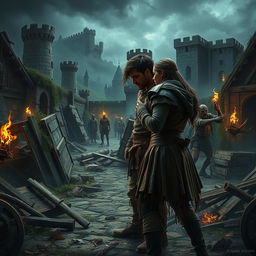 A dramatic scene depicting a couple engaged in a fierce argument amidst a chaotic zombie apocalypse set in a medieval kingdom