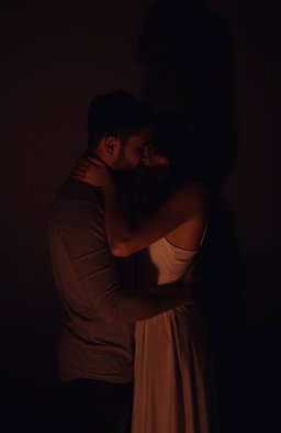 A couple embracing each other passionately against a dimly lit background