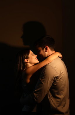 A couple embracing each other passionately against a dimly lit background