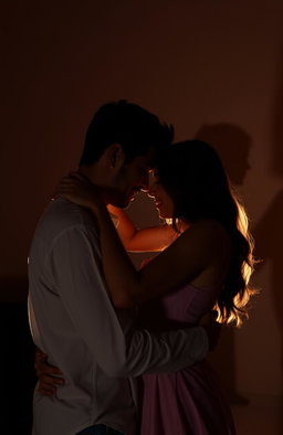 A couple embracing each other passionately against a dimly lit background