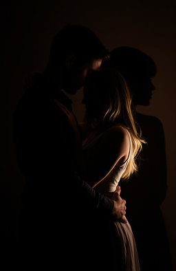 A couple embracing each other passionately against a dimly lit background