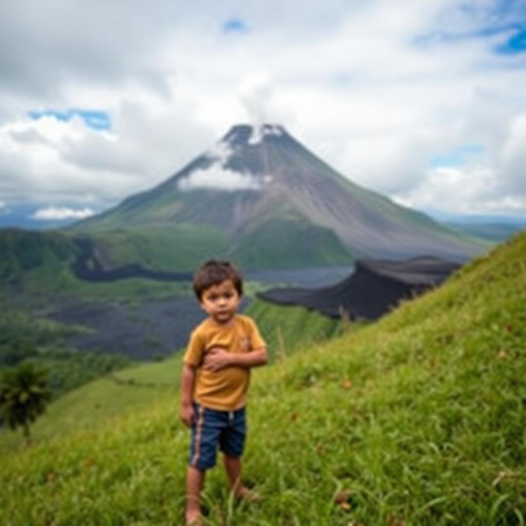 A young boy named Mateo standing on a grassy hillside with a concerned expression, feeling the ground shake as he gazes at the majestic Mount Mayon in the background, its outline ominous against a cloudy sky