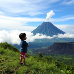 A young boy named Mateo standing on a grassy hillside with a concerned expression, feeling the ground shake as he gazes at the majestic Mount Mayon in the background, its outline ominous against a cloudy sky