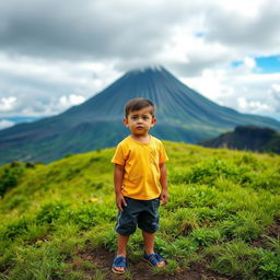A young boy named Mateo standing on a grassy hillside with a concerned expression, feeling the ground shake as he gazes at the majestic Mount Mayon in the background, its outline ominous against a cloudy sky