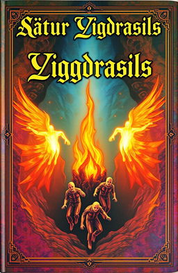 An ancient fantasy book cover adorned with vivid colors, featuring a central flame of fire