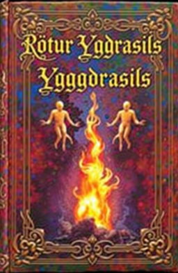 An ancient fantasy book cover adorned with vivid colors, featuring a central flame of fire