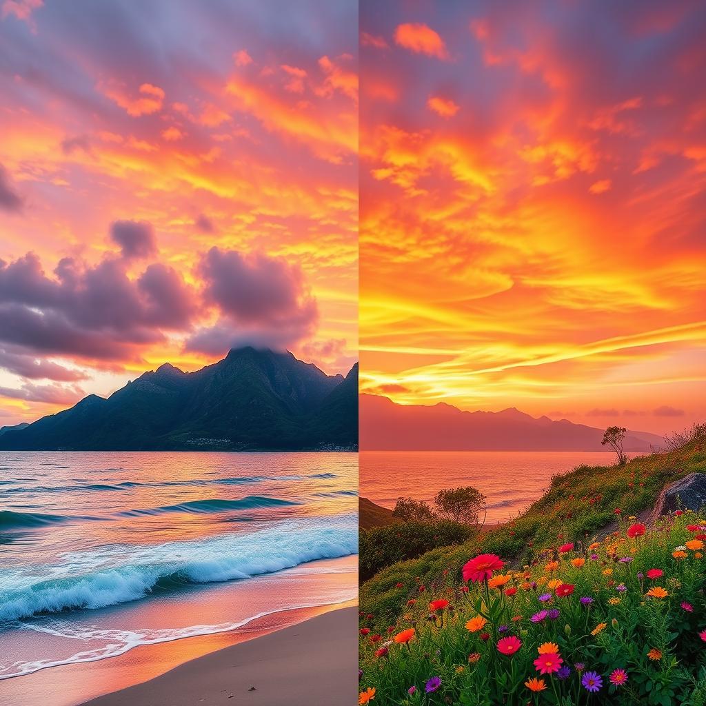 Combine the vibrant elements from two images: the first image features a stunning sunset over a serene beach, with warm hues of orange and pink reflecting on the water
