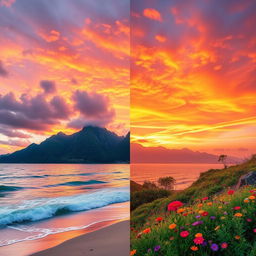Combine the vibrant elements from two images: the first image features a stunning sunset over a serene beach, with warm hues of orange and pink reflecting on the water