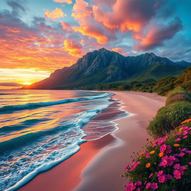 Combine the vibrant elements from two images: the first image features a stunning sunset over a serene beach, with warm hues of orange and pink reflecting on the water