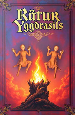 An ancient fantasy book cover adorned with vivid colors, featuring a central flame of fire