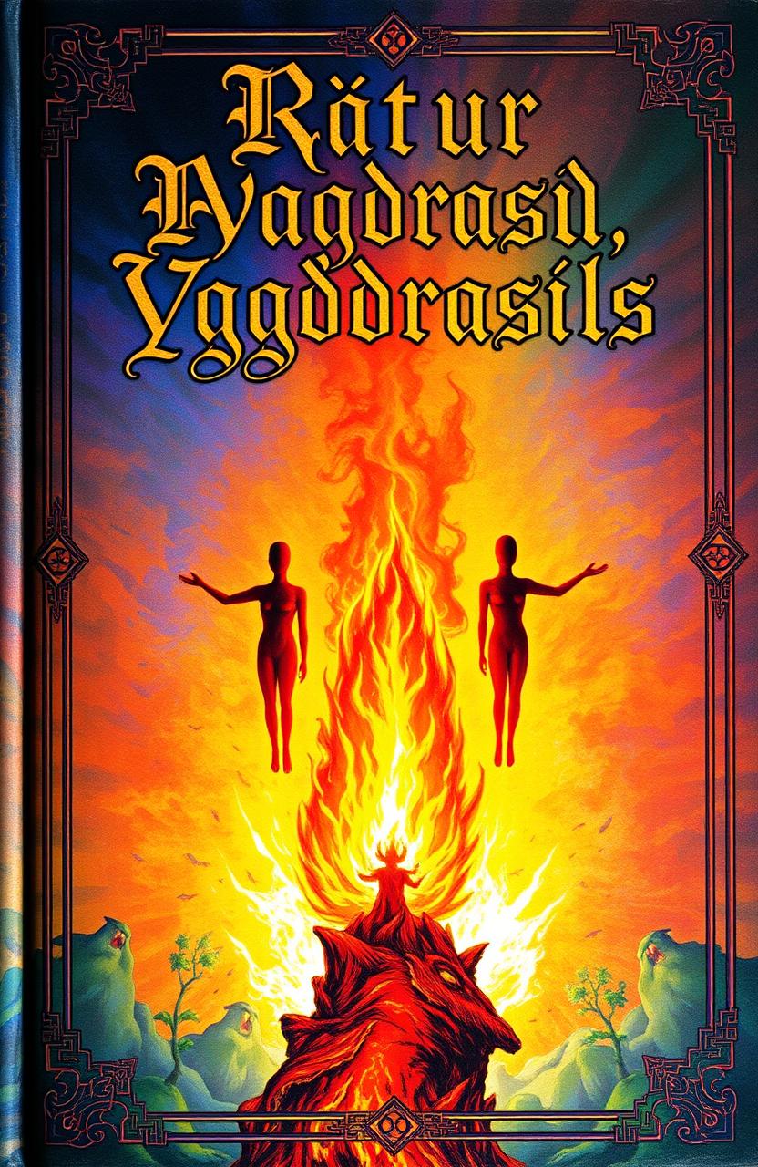 An ancient fantasy book cover adorned with vivid colors, featuring a central flame of fire