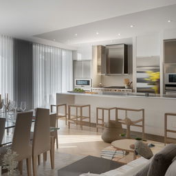 Contemporary open concept living room seamlessly blending into the dining area and kitchen with modern furnishings and decor.