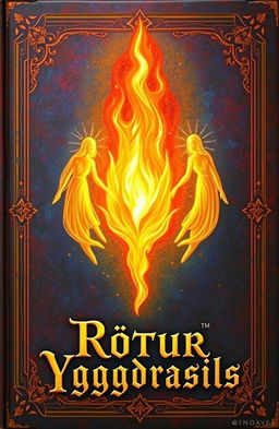 An ancient fantasy book cover richly adorned with vibrant colors, featuring a central flame surrounded by three floating faceless human-shaped figures made of light, two on each side of the flame and one above it