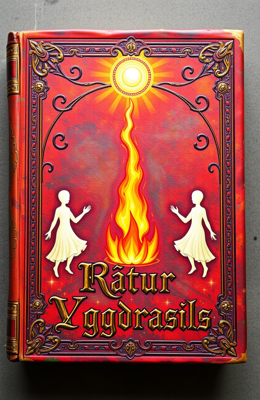 An ancient fantasy book cover richly adorned with vibrant colors, featuring a central flame surrounded by three floating faceless human-shaped figures made of light, two on each side of the flame and one above it