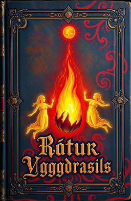 An ancient fantasy book cover richly adorned with vibrant colors, featuring a central flame surrounded by three floating faceless human-shaped figures made of light, two on each side of the flame and one above it