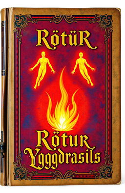 An ancient fantasy book cover richly adorned with vibrant colors, featuring a central flame surrounded by three floating faceless human-shaped figures made of light, two on each side of the flame and one above it