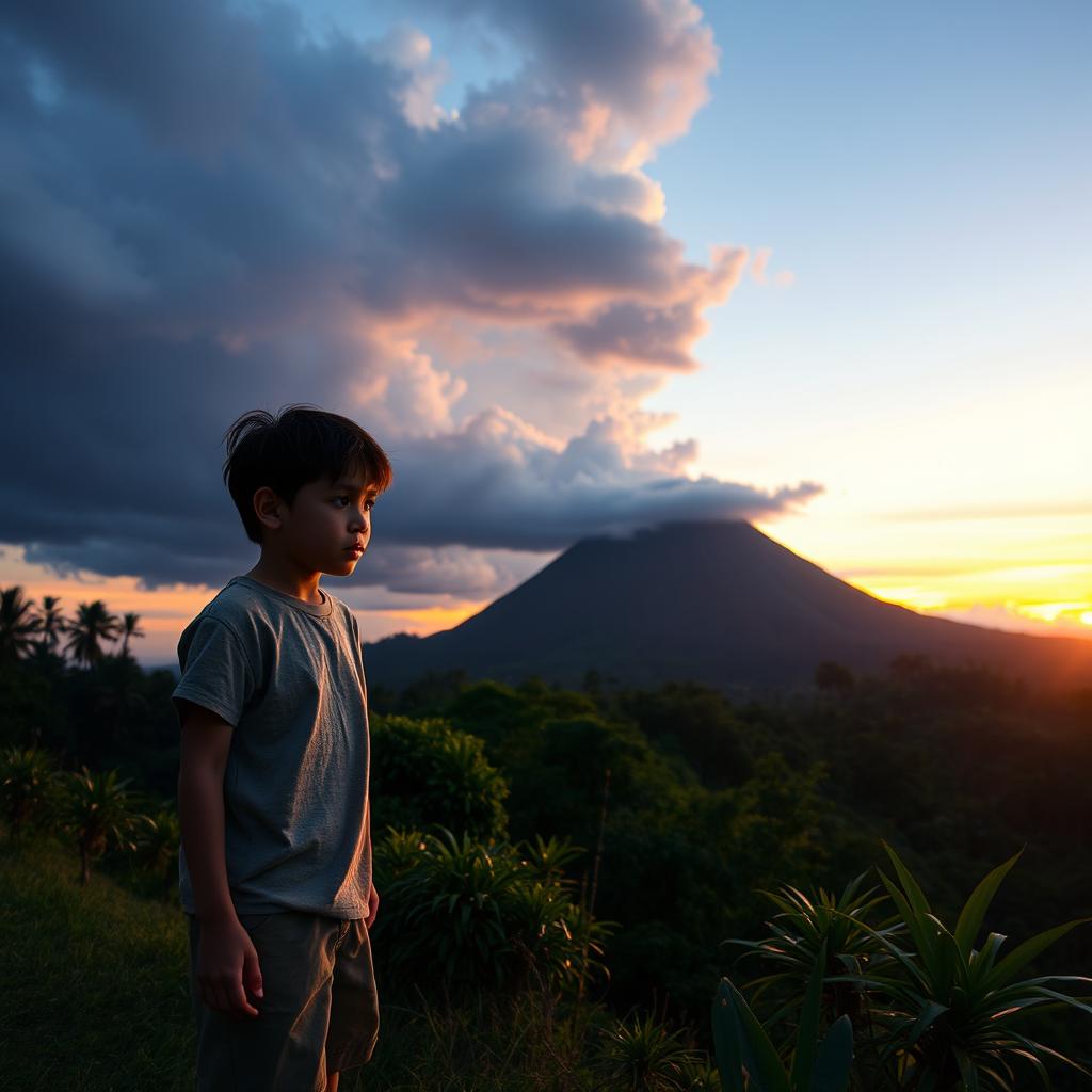 A young boy, around 12 years old, standing on a lush green hillside with a concerned expression, gazing towards the Mayon volcano in the distance