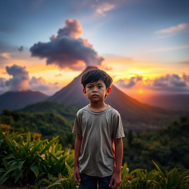 A young boy, around 12 years old, standing on a lush green hillside with a concerned expression, gazing towards the Mayon volcano in the distance