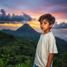 A young boy, around 12 years old, standing on a lush green hillside with a concerned expression, gazing towards the Mayon volcano in the distance