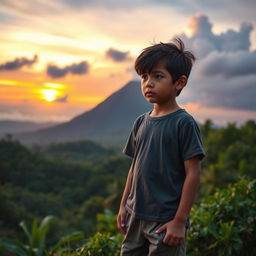 A young boy, around 12 years old, standing on a lush green hillside with a concerned expression, gazing towards the Mayon volcano in the distance