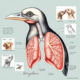 An intricate illustration of a bird's respiratory system, showcasing detailed anatomy inspired by canines' respiratory features