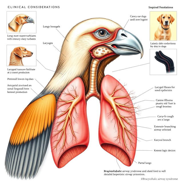 An intricate illustration of a bird's respiratory system, showcasing detailed anatomy inspired by canines' respiratory features