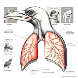 An intricate illustration of a bird's respiratory system, showcasing detailed anatomy inspired by canines' respiratory features
