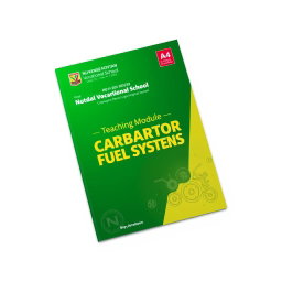 A professional A4 module cover for 'Teaching Module for Carburetor Fuel Systems', featuring vibrant automotive shades of green and yellow