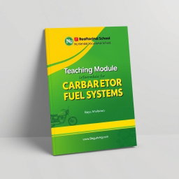 A professional A4 module cover for 'Teaching Module for Carburetor Fuel Systems', featuring vibrant automotive shades of green and yellow