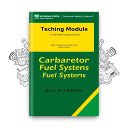 A professional A4 module cover for 'Teaching Module for Carburetor Fuel Systems', featuring vibrant automotive shades of green and yellow
