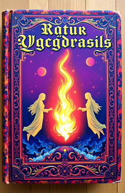 An ancient fantasy book cover, ornately decorated with vibrant colors