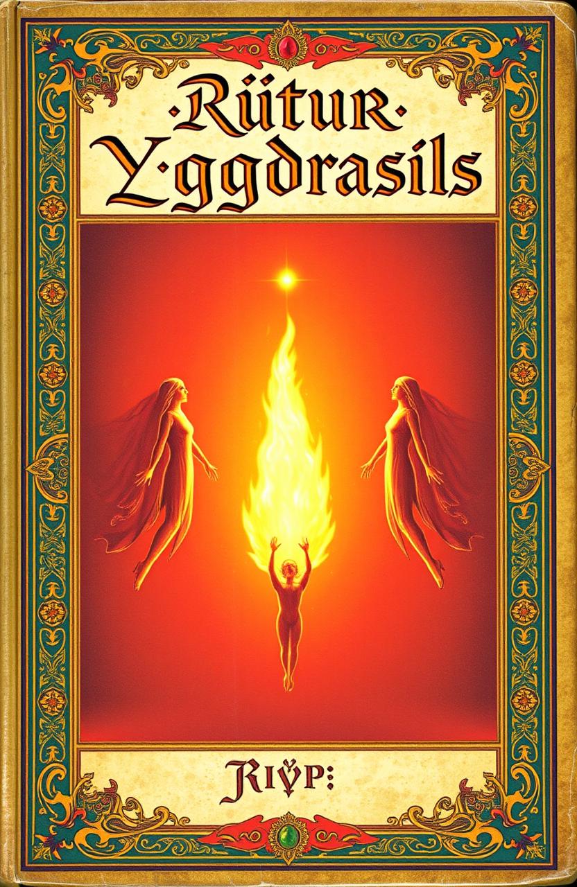 An ancient fantasy book cover, ornately decorated with vibrant colors