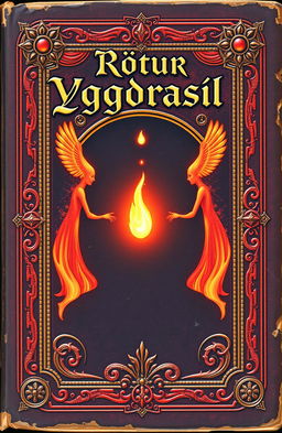 An ancient fantasy book cover, ornately decorated with vibrant colors
