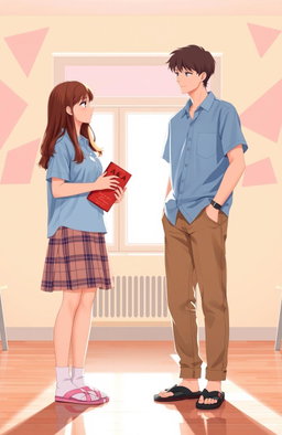 A warmly lit school room with a scene of simple yet meaningful connection between two teenagers