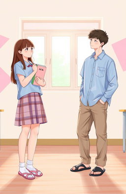 A warmly lit school room with a scene of simple yet meaningful connection between two teenagers