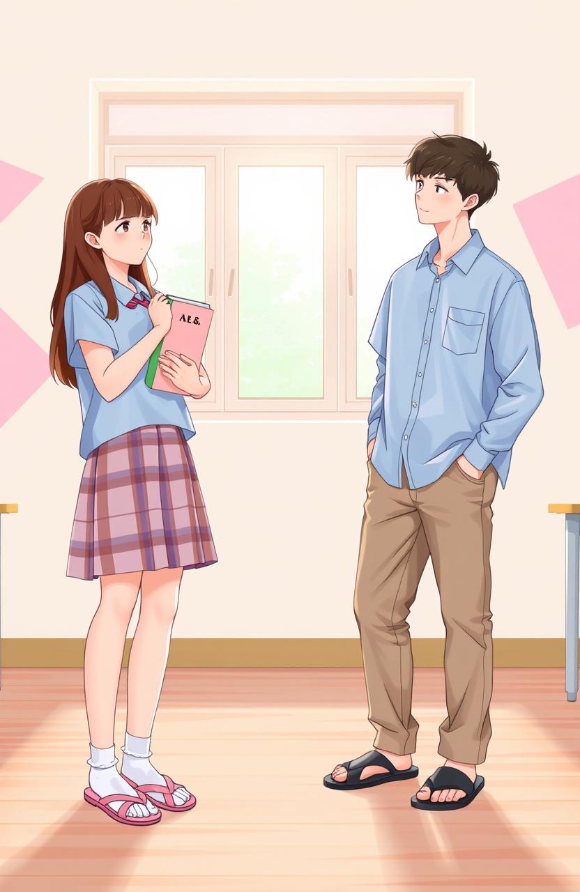 A warmly lit school room with a scene of simple yet meaningful connection between two teenagers